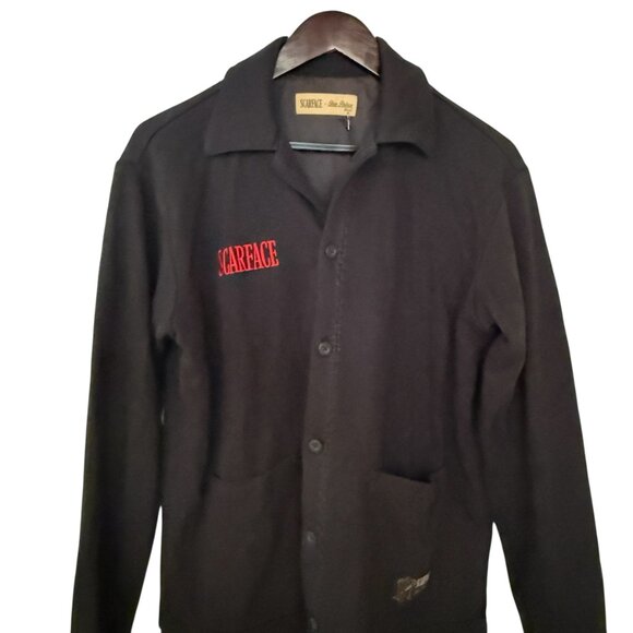 Scarface Embroidered Design Red Rose Button Up Corduroy Black Jacket Size Small - Picture 9 of 9